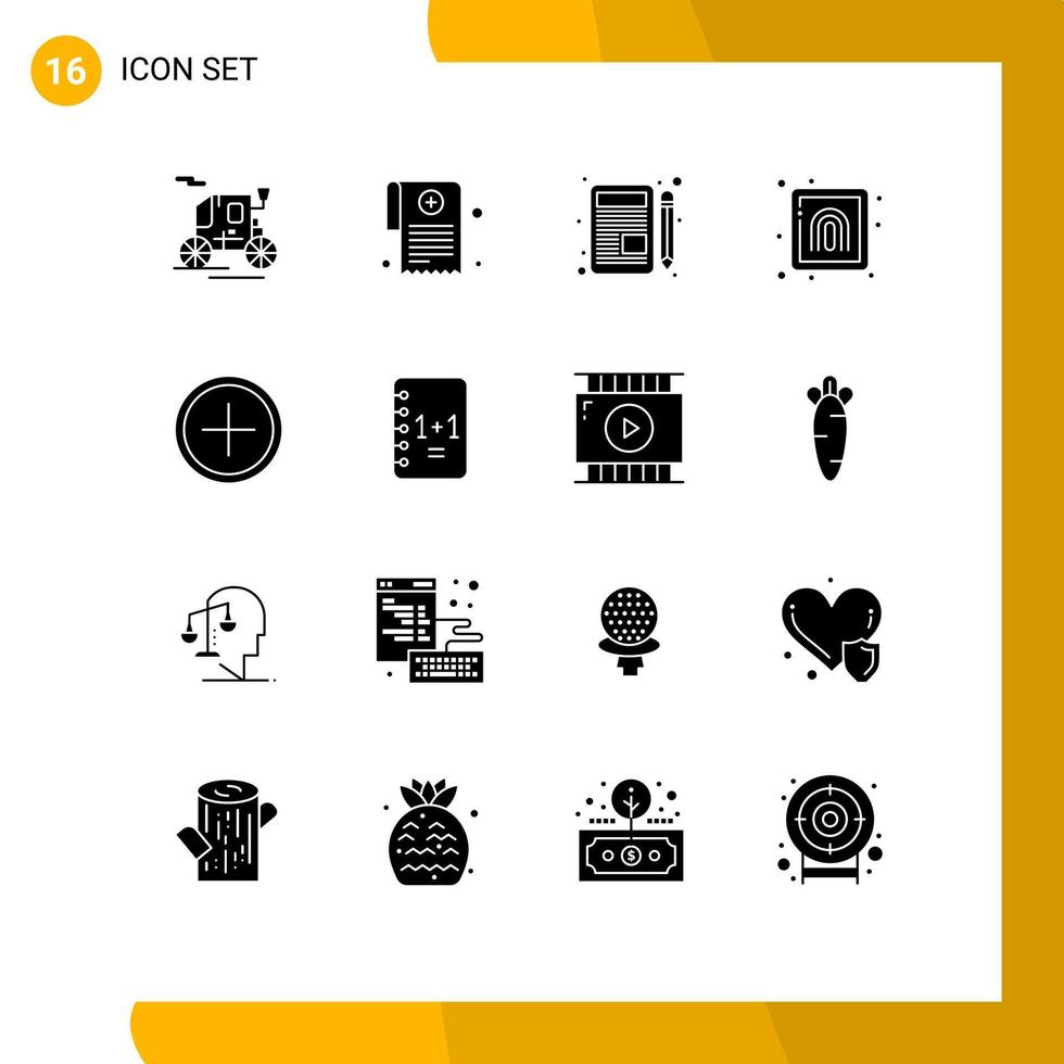 Set of 16 Vector Solid Glyphs on Grid for create add write security finger Editable Vector Design Elements