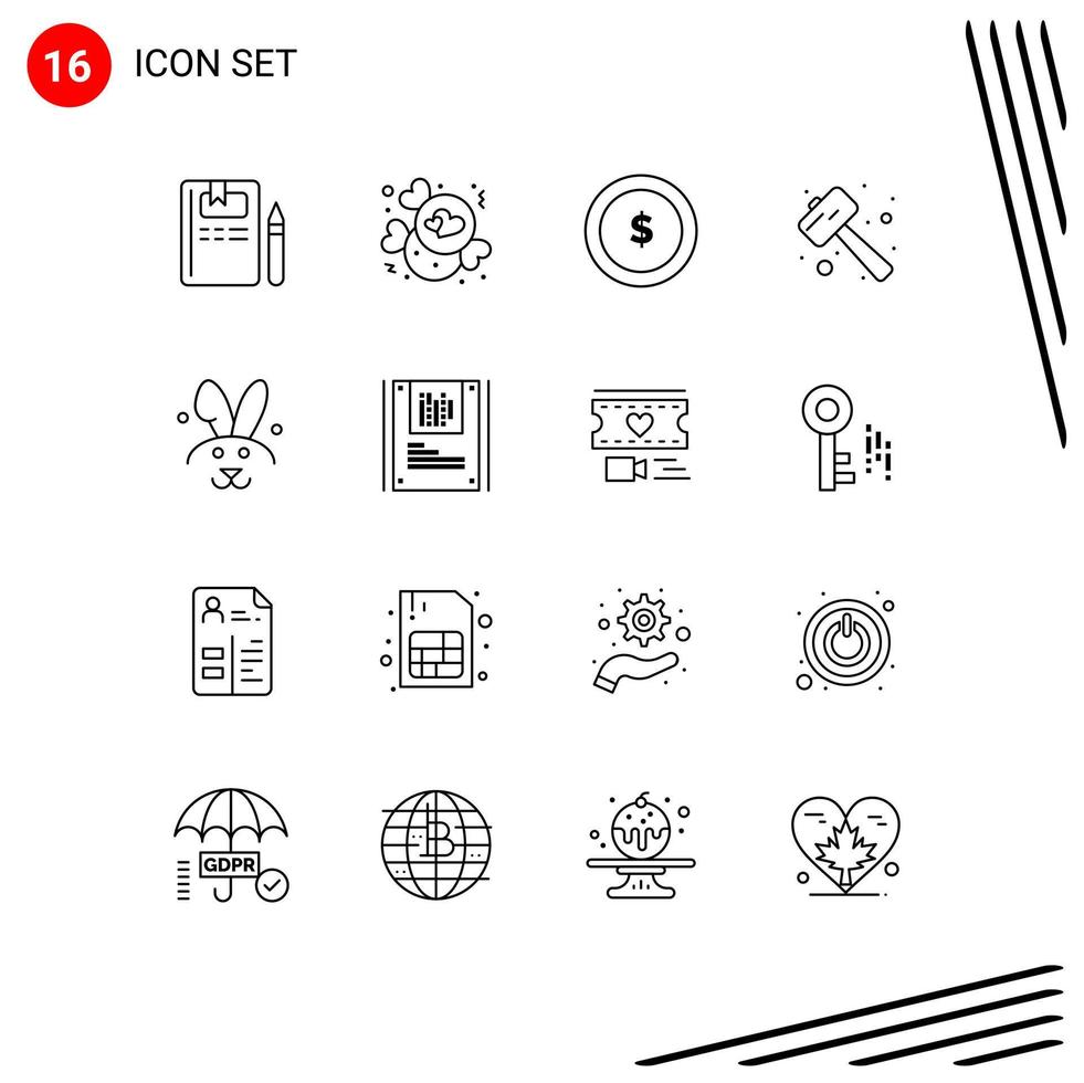 16 User Interface Outline Pack of modern Signs and Symbols of bynny smash business pound knock Editable Vector Design Elements