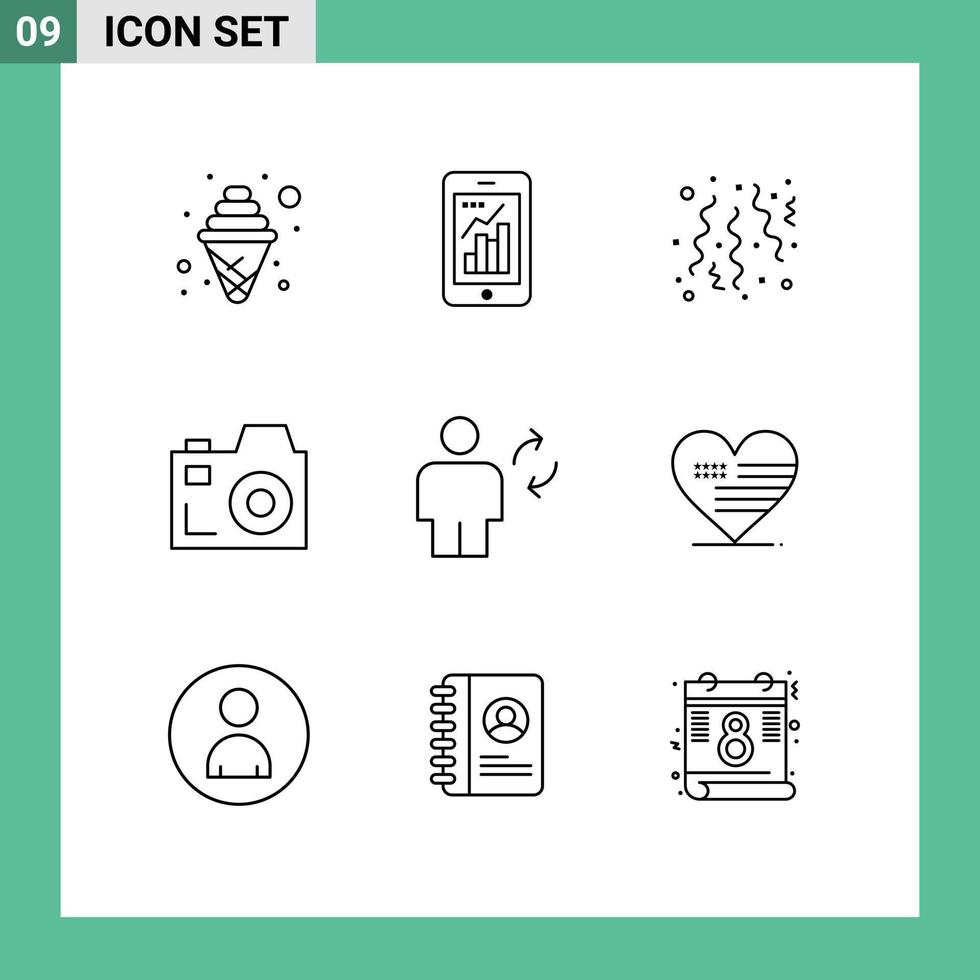 Group of 9 Outlines Signs and Symbols for body media mobile graph communication party Editable Vector Design Elements