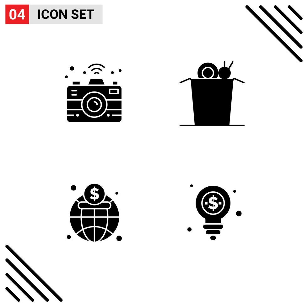 4 Thematic Vector Solid Glyphs and Editable Symbols of camera finance noodle economy dollar Editable Vector Design Elements