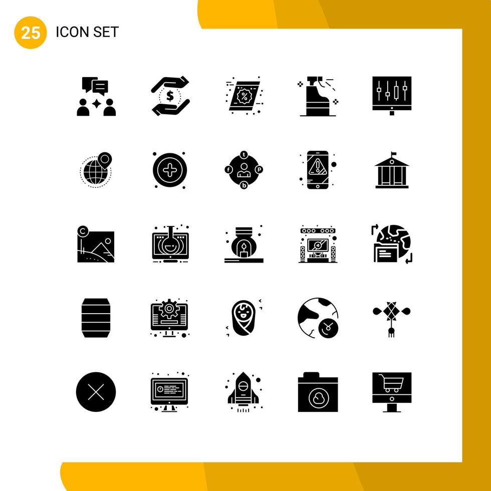 User Interface Pack of 25 Basic Solid Glyphs of data analytics discount product cleaning Editable Vector Design Elements