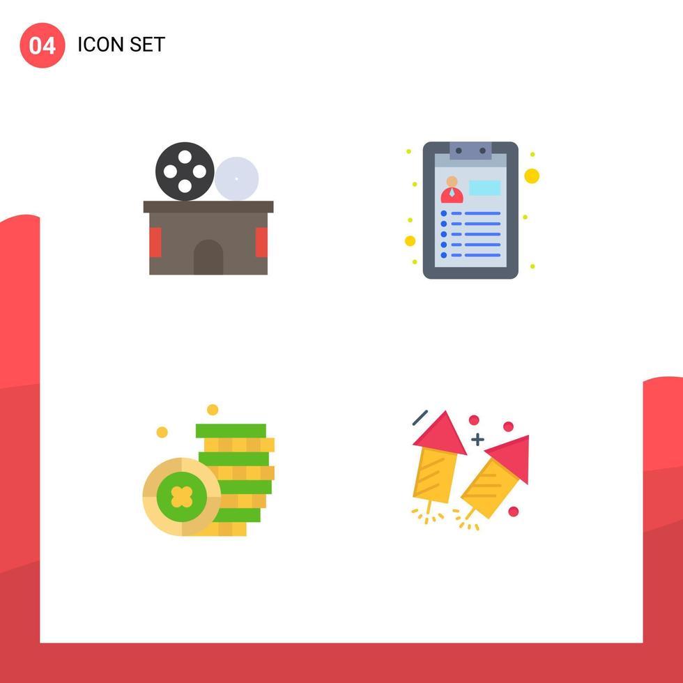 4 Universal Flat Icons Set for Web and Mobile Applications cinema money ticket resume love Editable Vector Design Elements