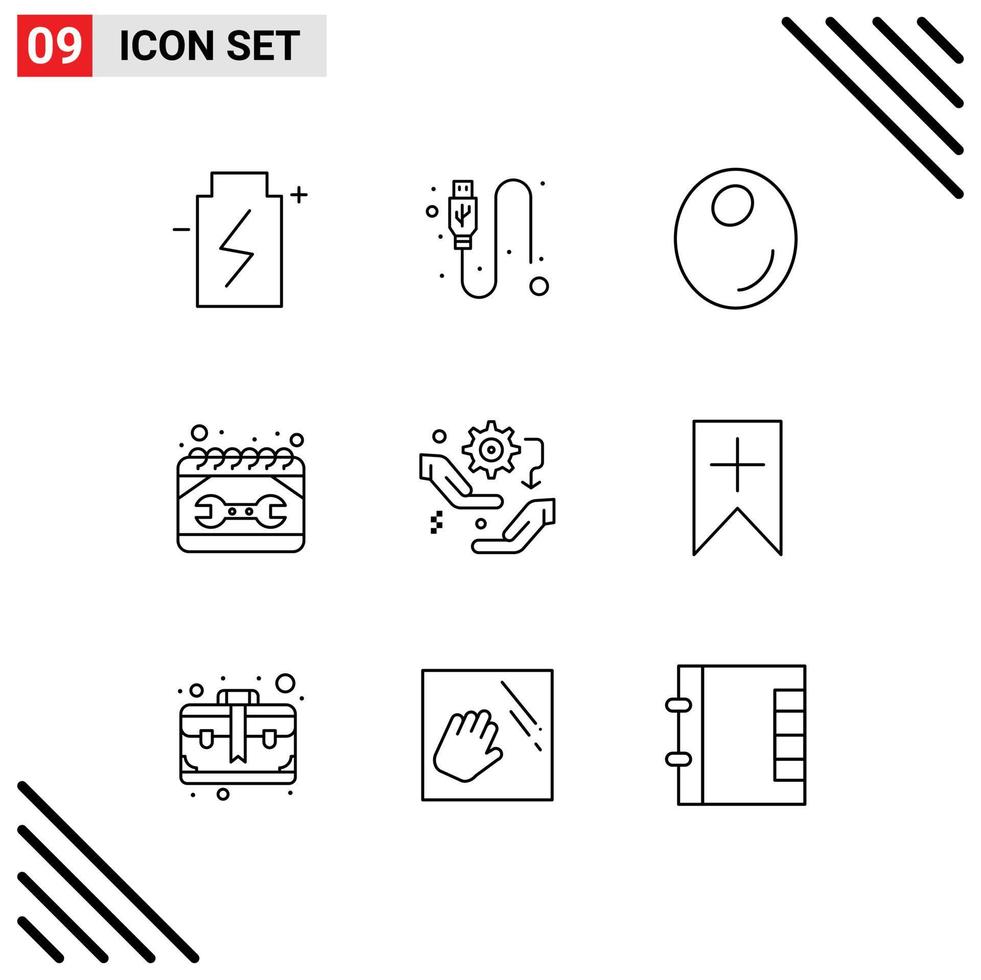 Set of 9 Commercial Outlines pack for gear repair wire maintenance calendar Editable Vector Design Elements