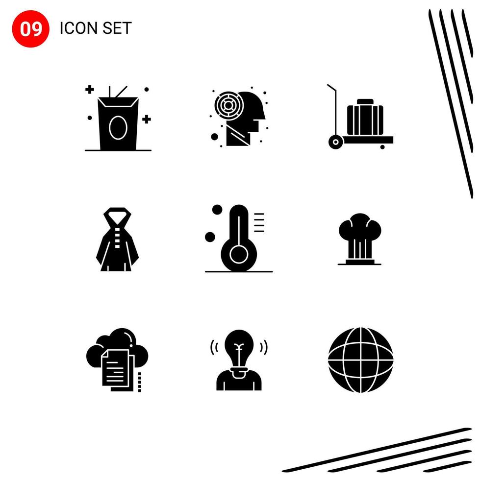 Pack of 9 Modern Solid Glyphs Signs and Symbols for Web Print Media such as cooker cap luggage weather temperature Editable Vector Design Elements
