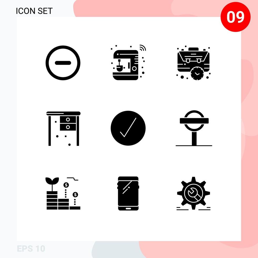 9 Universal Solid Glyph Signs Symbols of check office desk bag office time Editable Vector Design Elements