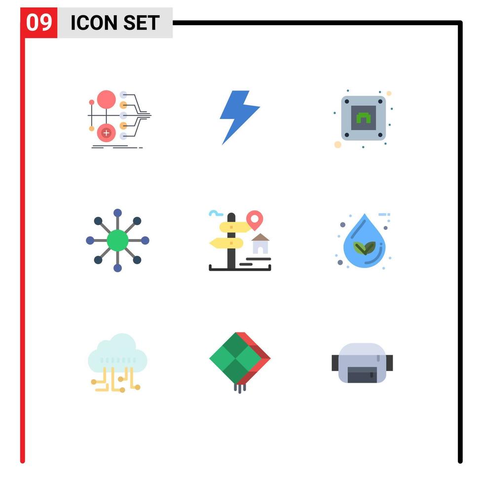 paquete de línea de vector editable de 9 colores planos simples de elementos de diseño de vector editable de neurona de ubicación eléctrica de signo de bienes raíces