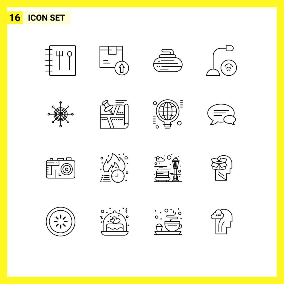 Pack of 16 Modern Outlines Signs and Symbols for Web Print Media such as board microphone curling hardware devices Editable Vector Design Elements