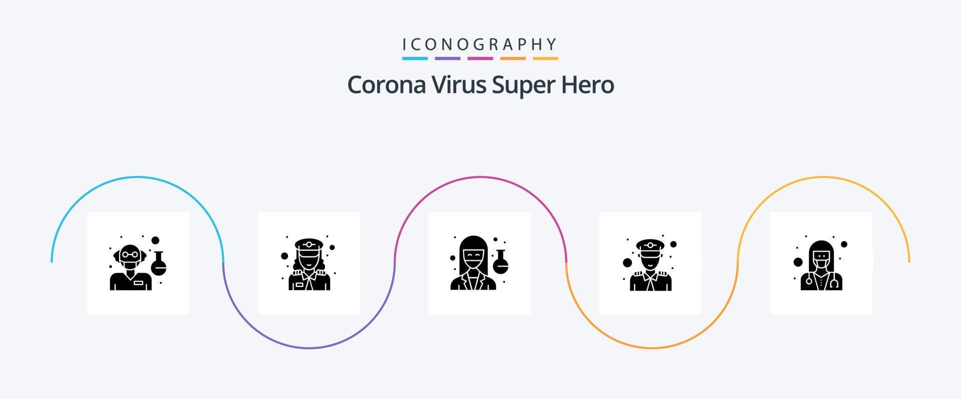 Corona Virus Super Hero Glyph 5 Icon Pack Including health. female. doctor. officer. police vector