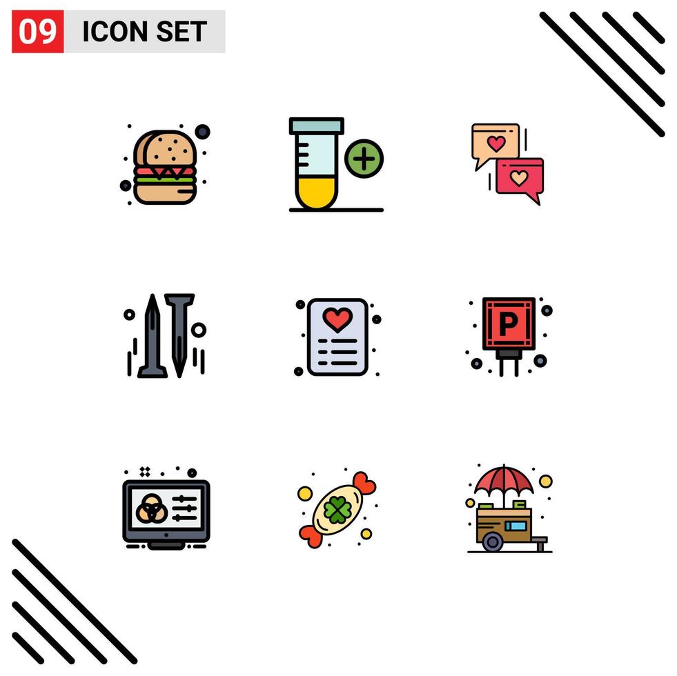 Pack of 9 creative Filledline Flat Colors of lot card heart love hardware Editable Vector Design Elements
