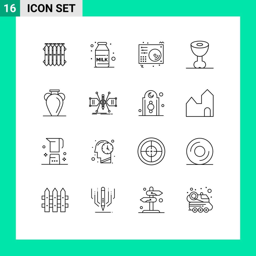 Modern Set of 16 Outlines Pictograph of greece meat disc ham song Editable Vector Design Elements