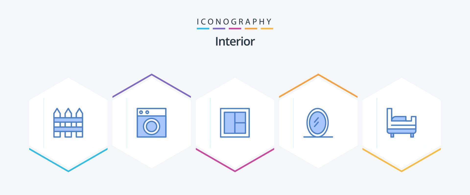 Paquete interior de 25 íconos azules que incluye dormitorio. espejo. Lavado. interior. ventana vector