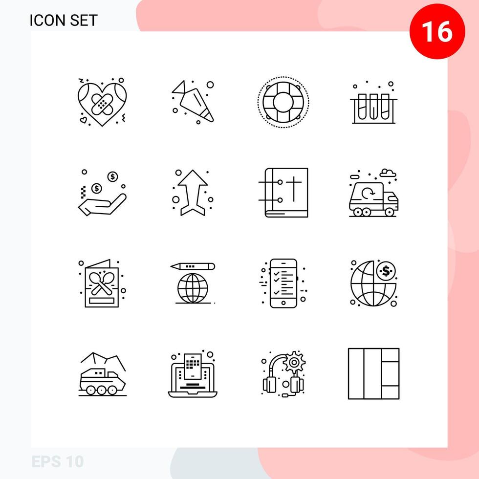 Pack of 16 creative Outlines of charity test help lab preserver Editable Vector Design Elements