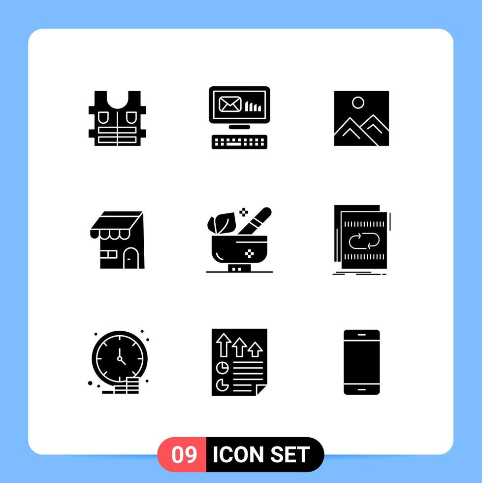 Solid Glyph Pack of 9 Universal Symbols of spa herbal picture shop ecommerce Editable Vector Design Elements