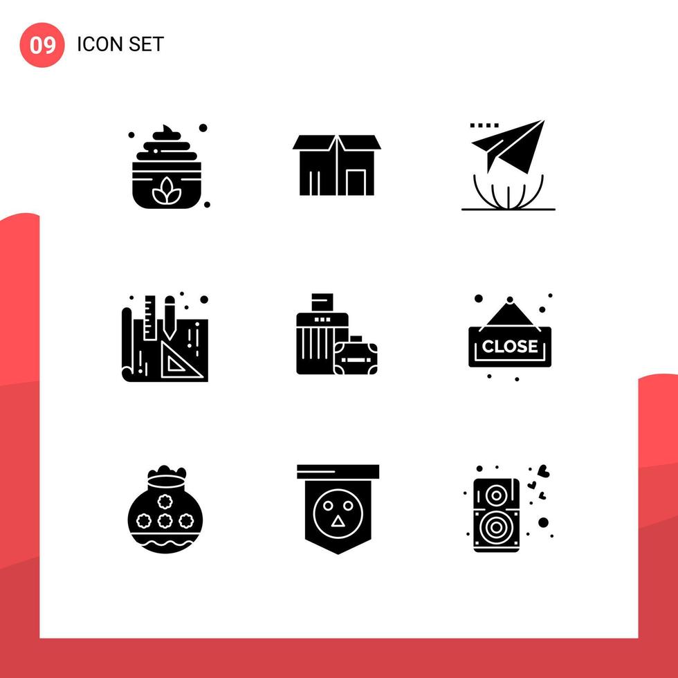 Pack of 9 Modern Solid Glyphs Signs and Symbols for Web Print Media such as close handbag internet bag interior design Editable Vector Design Elements