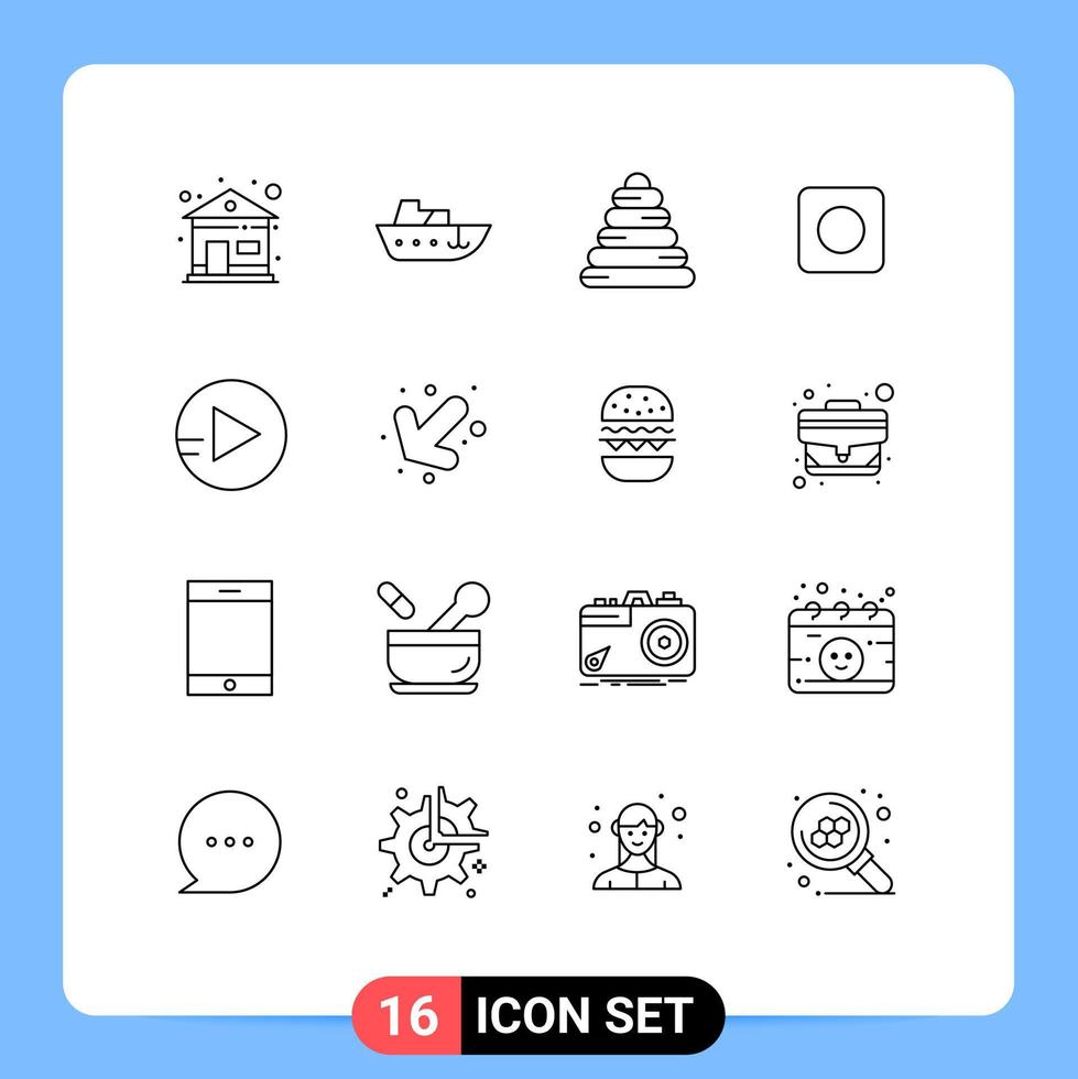 grupo de símbolos de iconos universales de 16 contornos modernos de reproducción piramidal de flecha izquierda maximizar elementos de diseño de vectores editables