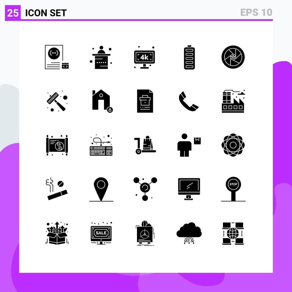 Group of 25 Solid Glyphs Signs and Symbols for celebrity charging reception battery tv Editable Vector Design Elements