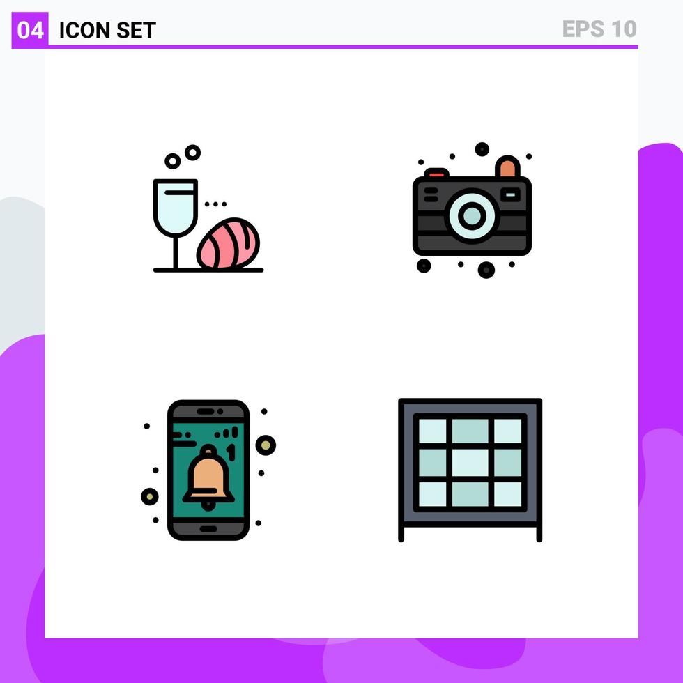 Universal Icon Symbols Group of 4 Modern Filledline Flat Colors of glass notification drink camping bookcase Editable Vector Design Elements