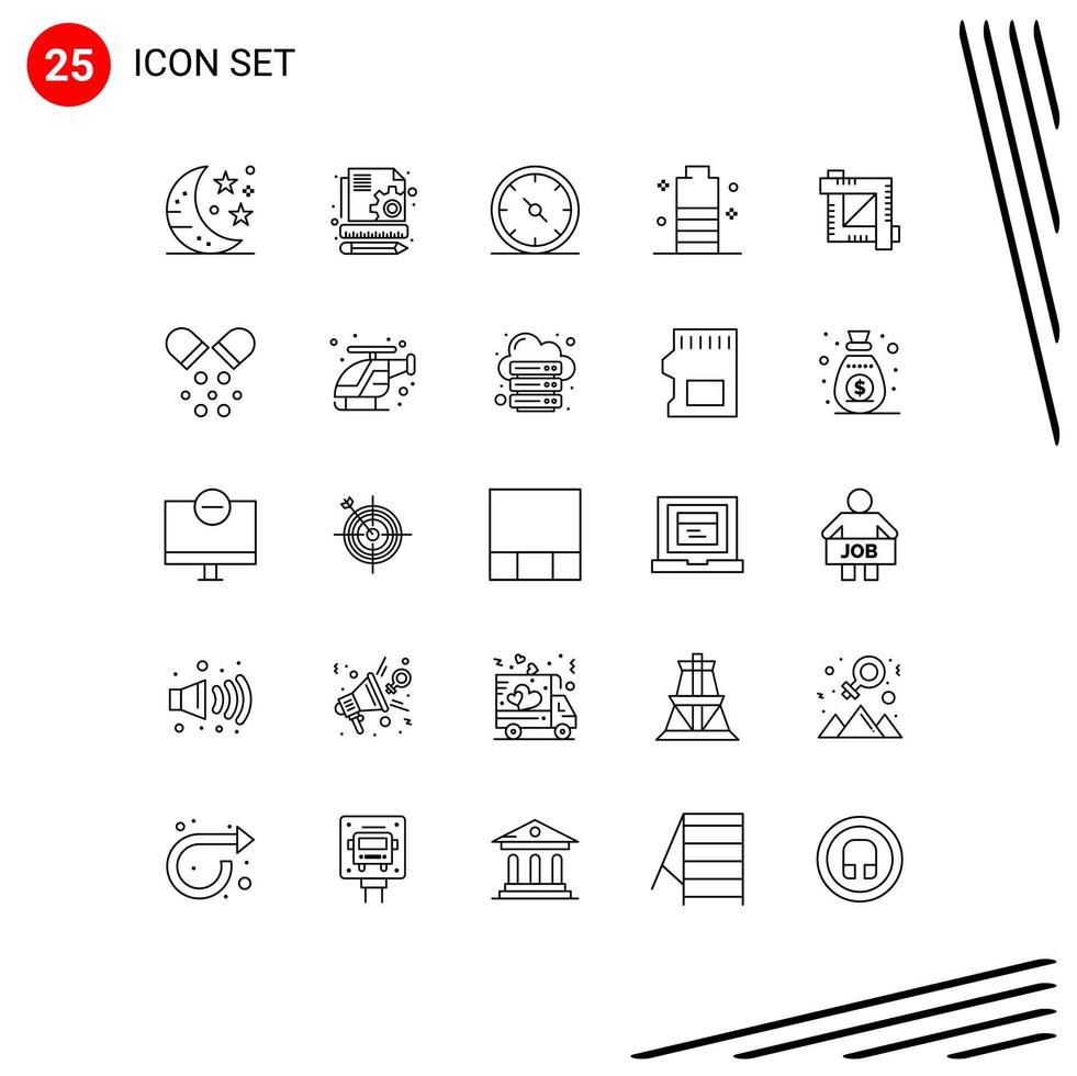 Set of 25 Commercial Lines pack for crop tool power compass mobile battery charging Editable Vector Design Elements