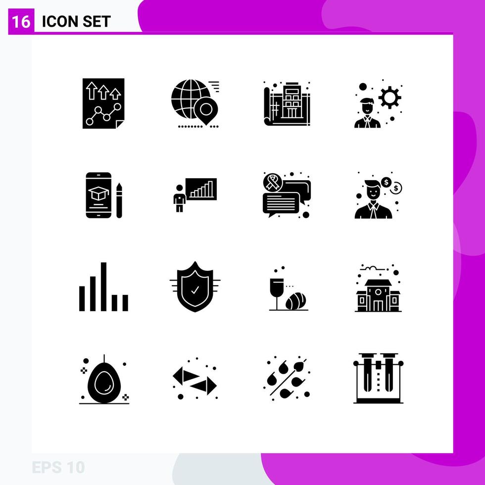grupo de símbolos de iconos universales de 16 glifos sólidos modernos de elementos de diseño de vectores editables de piso de impresión de pin de desarrollador de inicio