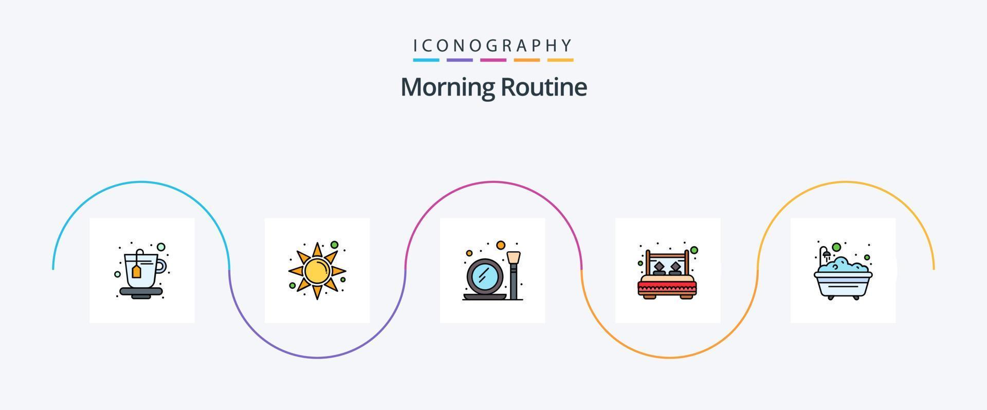 Morning Routine Line Filled Flat 5 Icon Pack Including shower. bath. mirror. sleep. interior vector