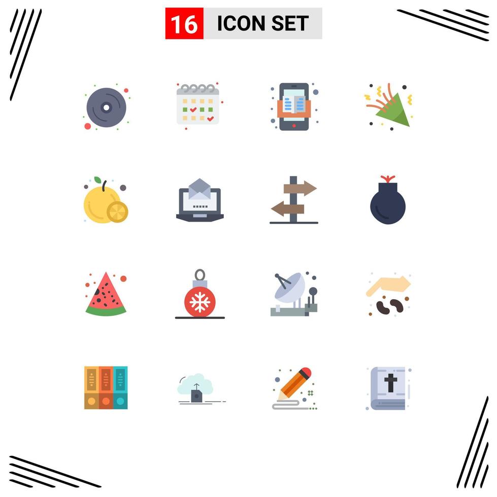 conjunto de pictogramas de 16 colores planos simples de celebración de decoración móvil de vacaciones de frutas paquete editable de elementos creativos de diseño de vectores