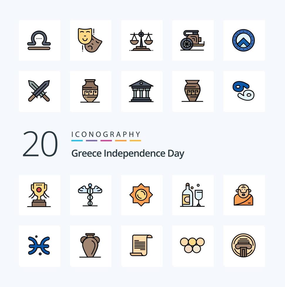 20 grecia día de la independencia línea llena de color paquete de iconos como astrología mitología sol griego irlanda vector