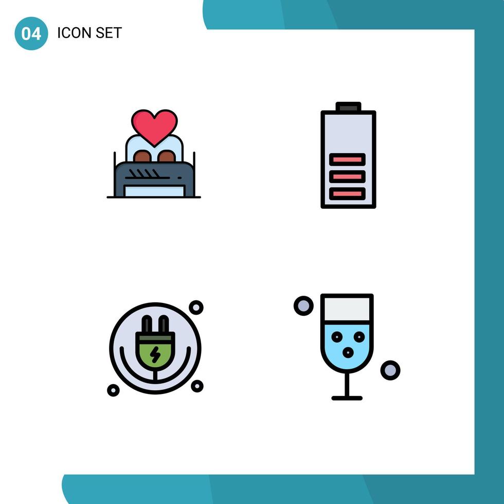 Pack of 4 creative Filledline Flat Colors of bed energy couple battery plug Editable Vector Design Elements