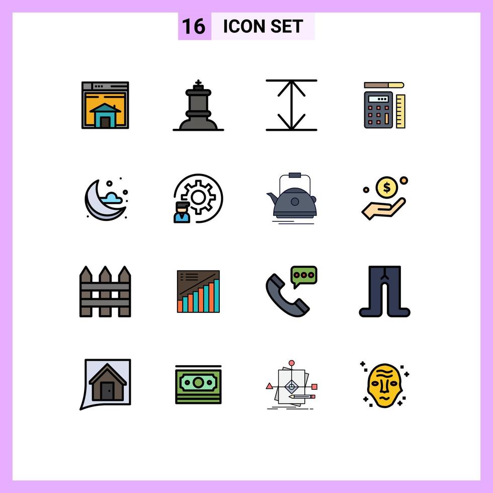 Pictogram Set of 16 Simple Flat Color Filled Lines of weather moon king education calculator Editable Creative Vector Design Elements