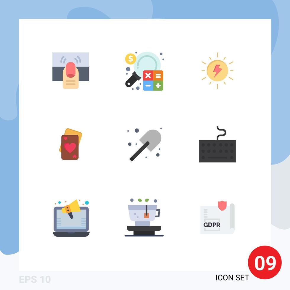 Mobile Interface Flat Color Set of 9 Pictograms of wedding love finance card sun Editable Vector Design Elements