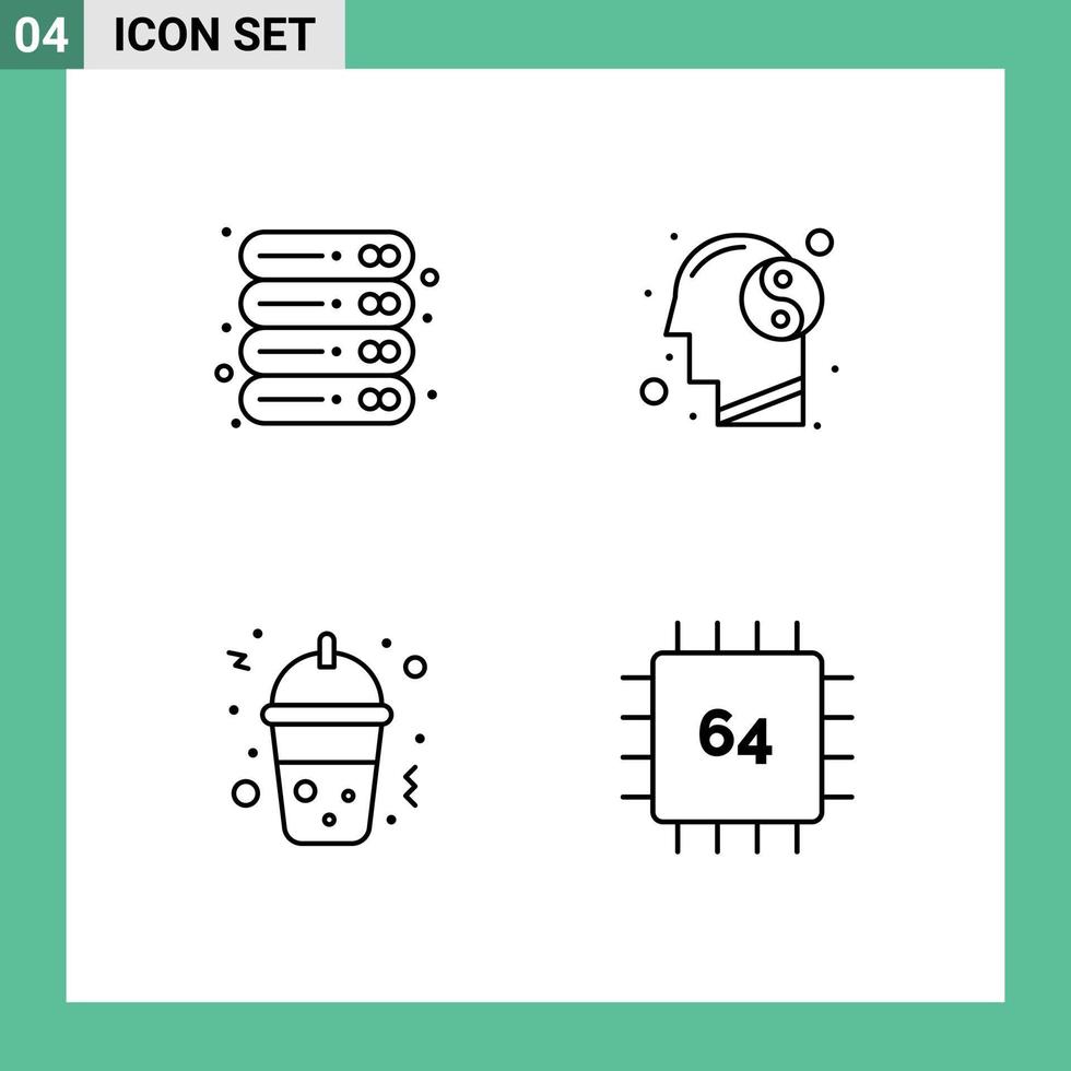 Mobile Interface Line Set of 4 Pictograms of data frappe server meditation food Editable Vector Design Elements