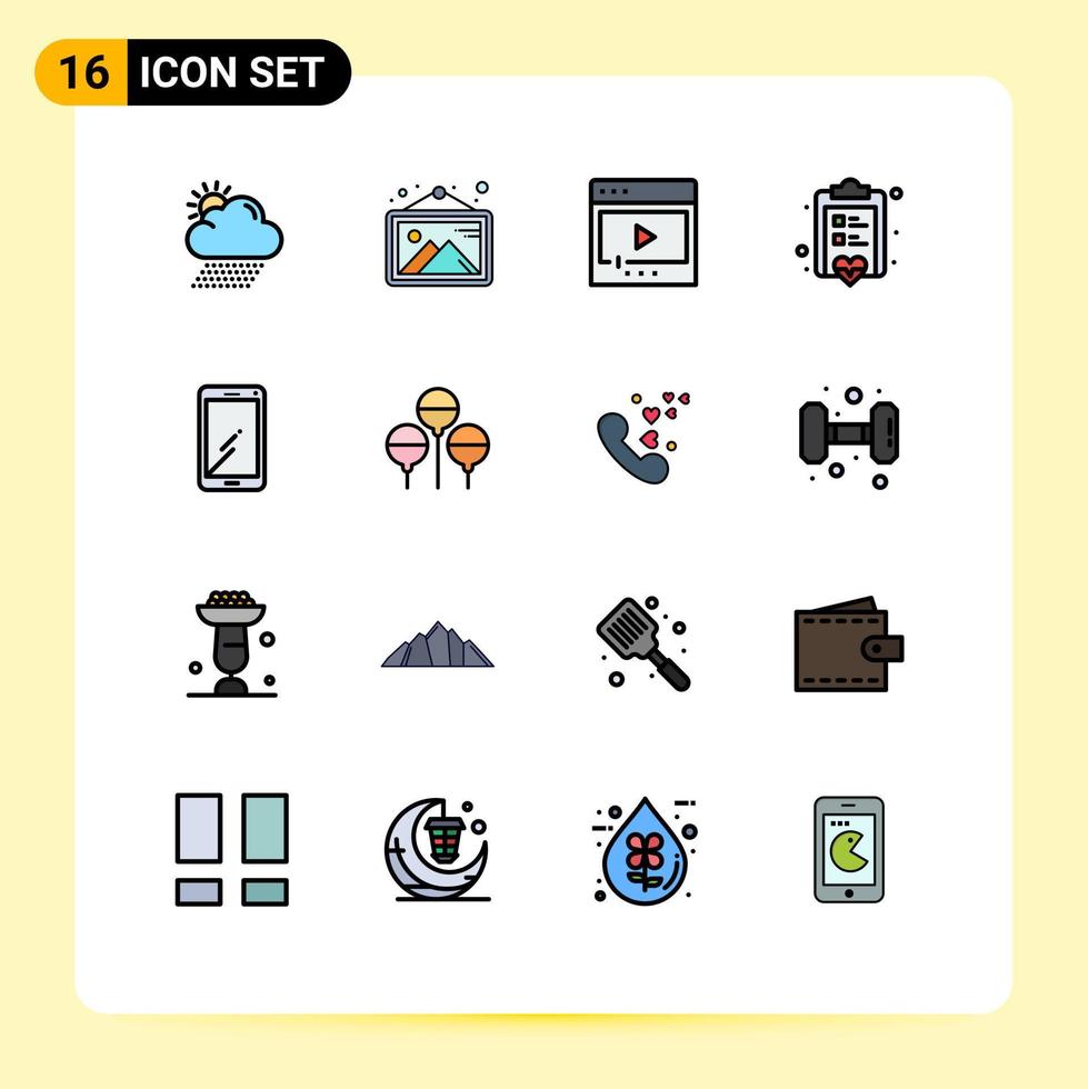 paquete de línea de vector editable de 16 líneas llenas de color plano simple de lista de verificación de película de nota de teléfono reproducir elementos de diseño de vector creativo editable