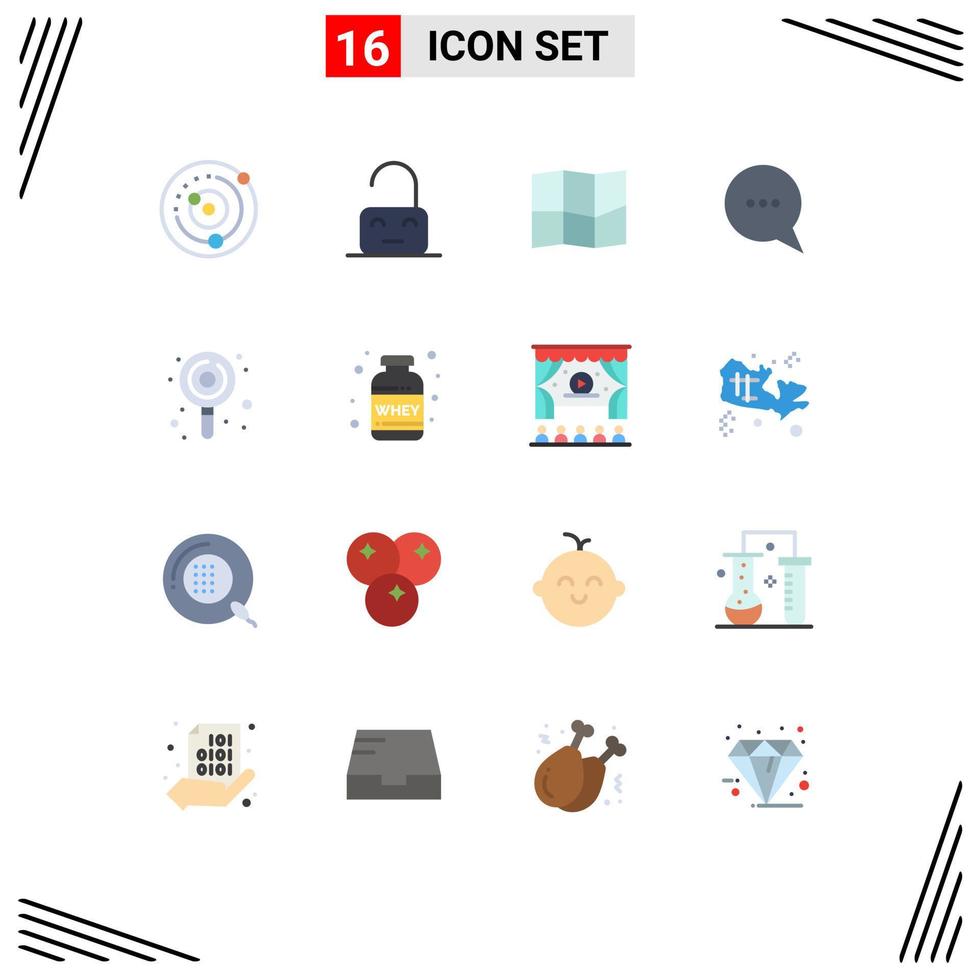 Pack of 16 Modern Flat Colors Signs and Symbols for Web Print Media such as sweets kids unlock candy comment Editable Pack of Creative Vector Design Elements