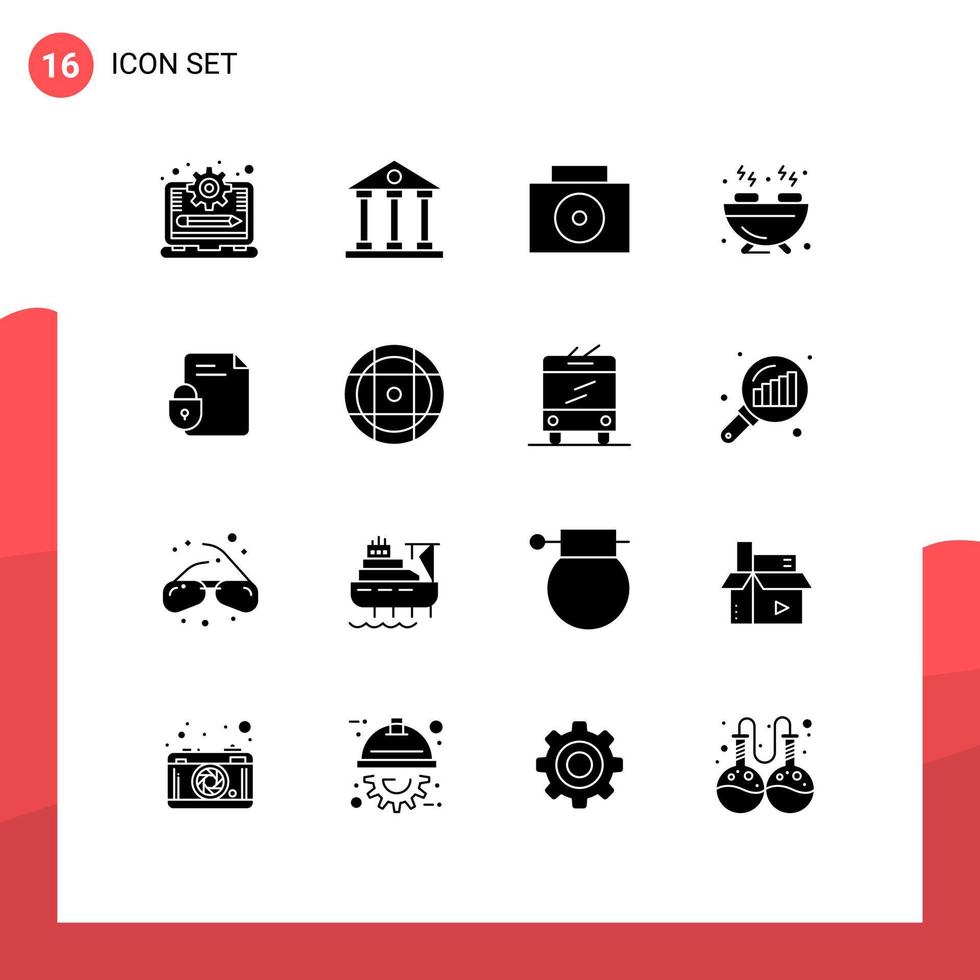 Group of 16 Modern Solid Glyphs Set for security document school file food Editable Vector Design Elements