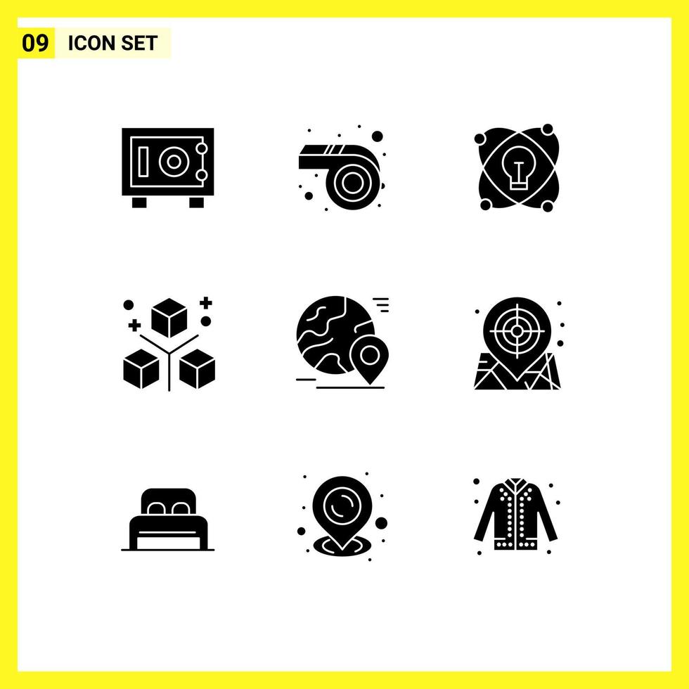 9 User Interface Solid Glyph Pack of modern Signs and Symbols of pin globe light programing development Editable Vector Design Elements