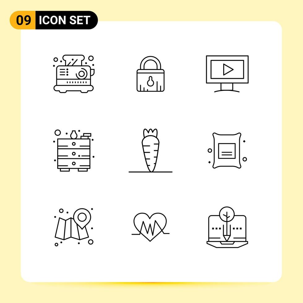 Set of 9 Vector Outlines on Grid for barley food monitor carrot office Editable Vector Design Elements