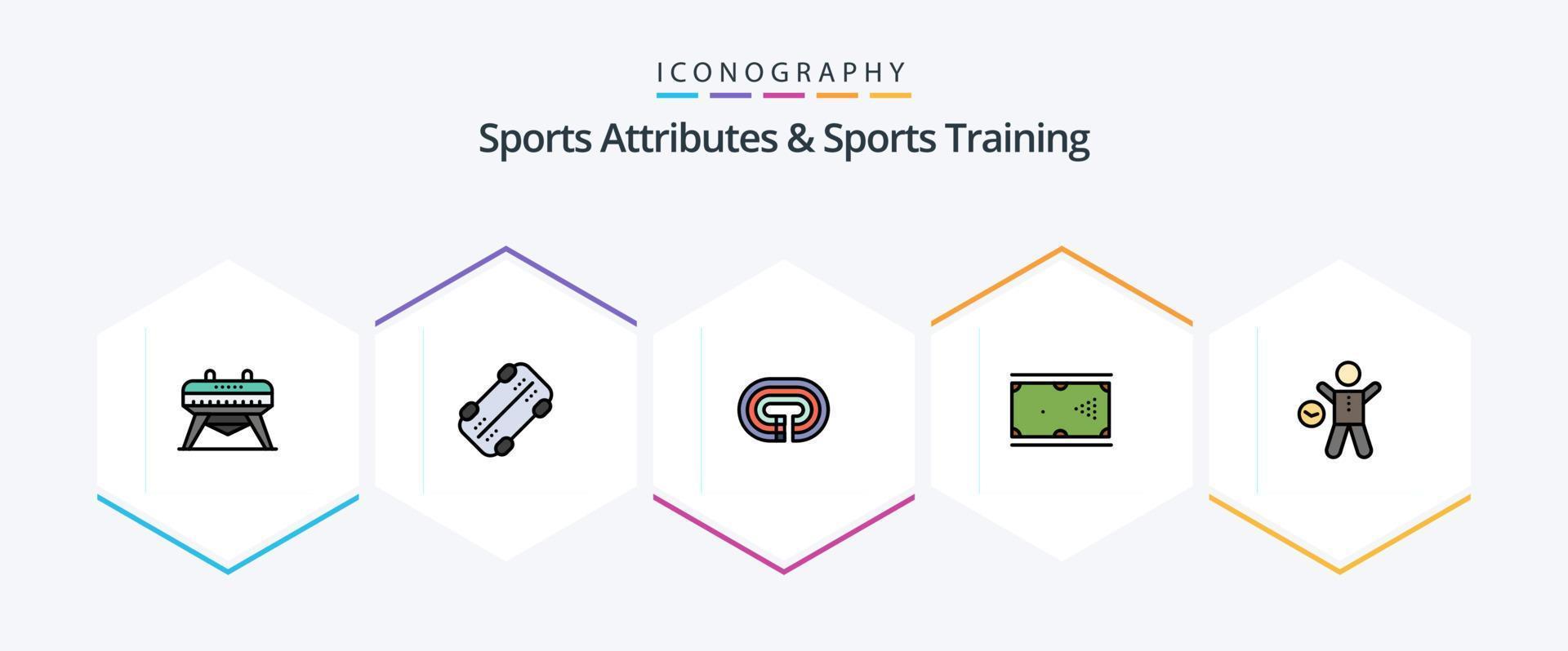 Sports Atributes And Sports Training 25 FilledLine icon pack including time. exercise. surface. pool. game vector