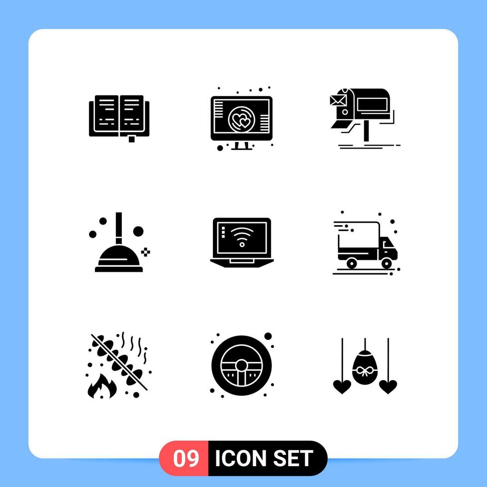 Modern Set of 9 Solid Glyphs and symbols such as signal laptop email plunger cleaning Editable Vector Design Elements