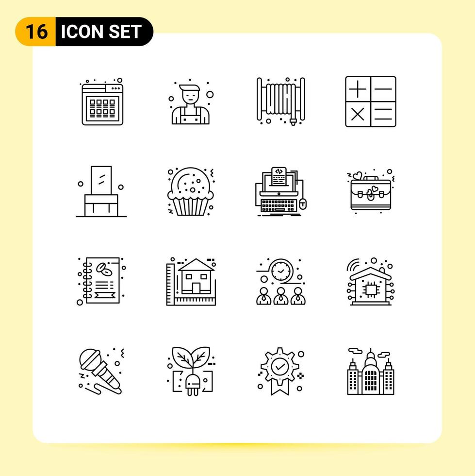 conjunto de 16 iconos de interfaz de usuario modernos símbolos signos para muebles de asiento calculadora de silla de alarma elementos de diseño vectorial editables vector