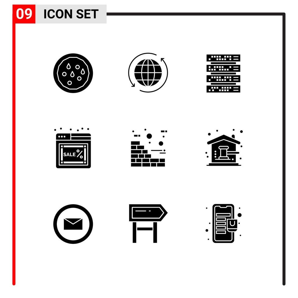 9 signos de glifos sólidos universales símbolos de ladrillos computadora en línea lunes web elementos de diseño vectorial editables vector