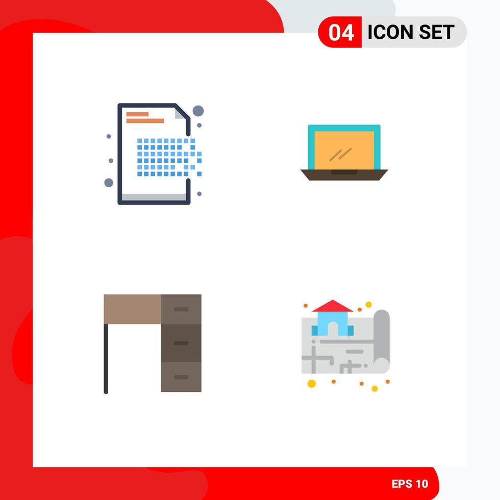 conjunto moderno de 4 iconos planos pictograma de grafía pc cifrado muebles de escritorio elementos de diseño vectorial editables vector