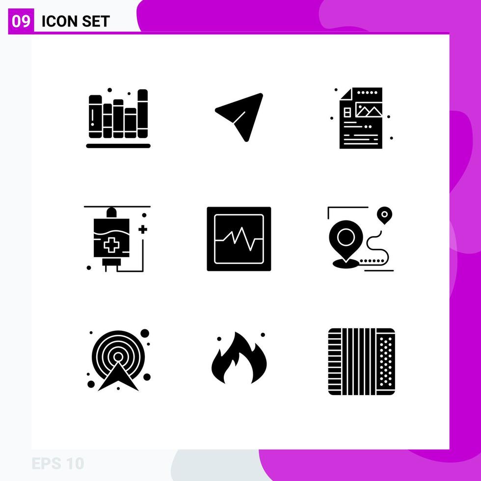 Pack of 9 Modern Solid Glyphs Signs and Symbols for Web Print Media such as map analytics creative medical healthcare Editable Vector Design Elements