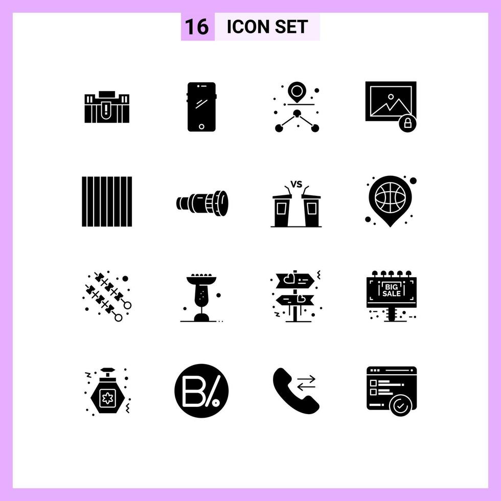 Solid Glyph Pack of 16 Universal Symbols of photo image smart phone route destination Editable Vector Design Elements