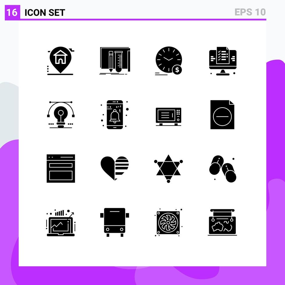 User Interface Pack of 16 Basic Solid Glyphs of website page tools development wallclock Editable Vector Design Elements