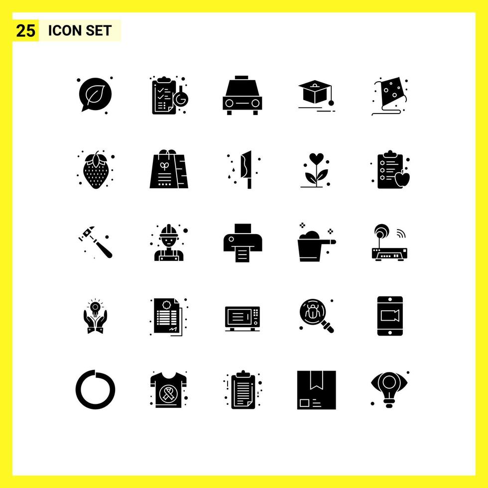 Group of 25 Solid Glyphs Signs and Symbols for fly graduation car education vehicles Editable Vector Design Elements