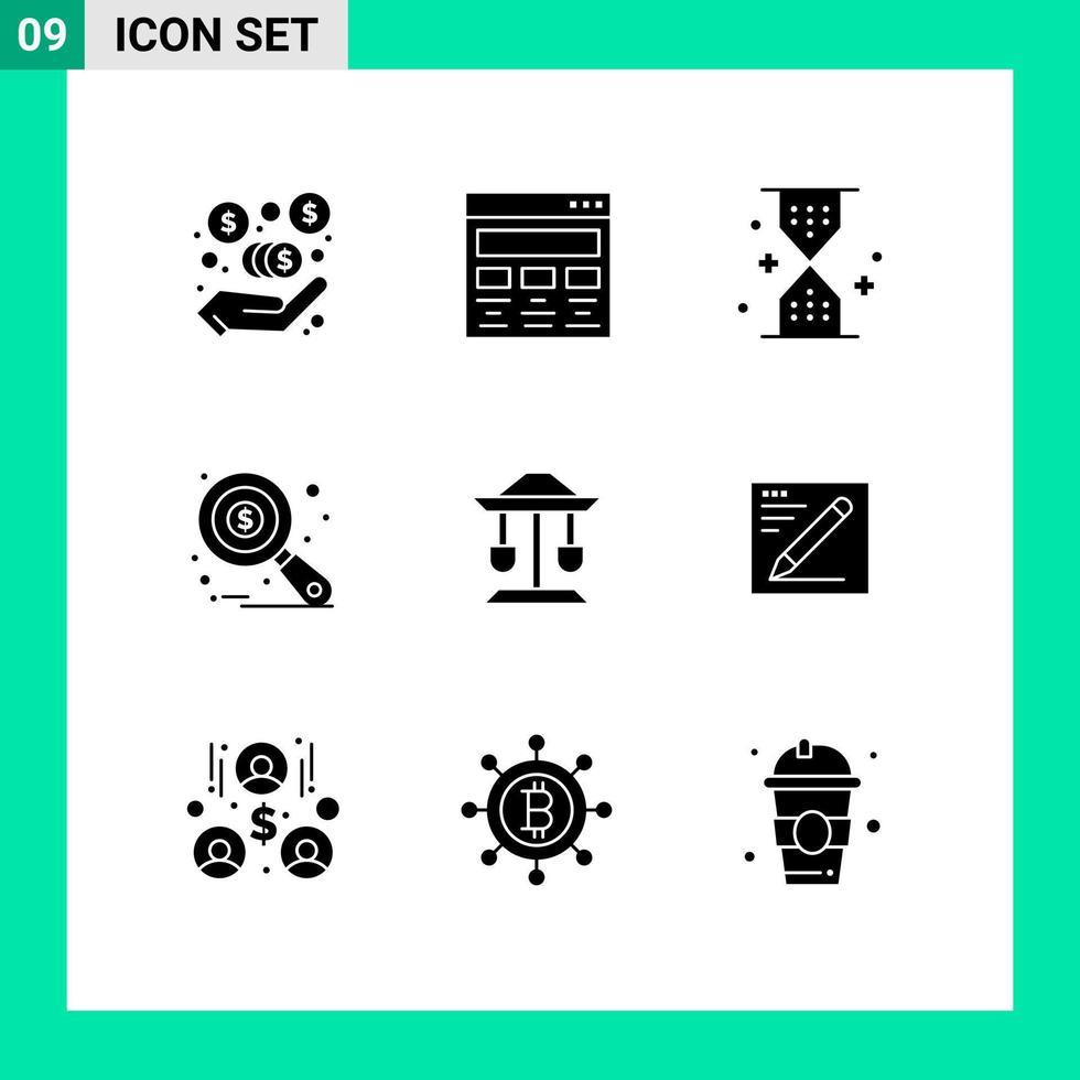 9 Thematic Vector Solid Glyphs and Editable Symbols of drum data analysis clock auditing wait Editable Vector Design Elements