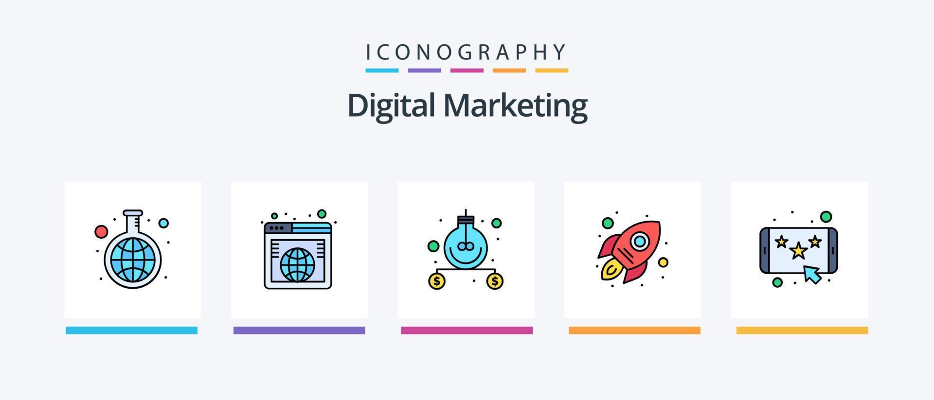 la línea de marketing digital llenó el paquete de 5 iconos, incluido el diagrama. en línea. etiqueta. marca. diseño de iconos creativos vector