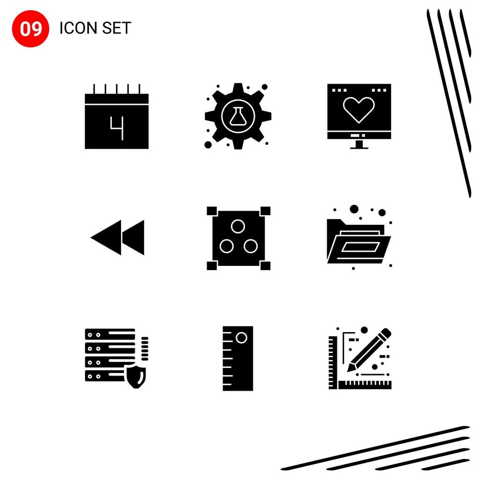 Editable Vector Line Pack of 9 Simple Solid Glyphs of rewind back tube arrow love Editable Vector Design Elements
