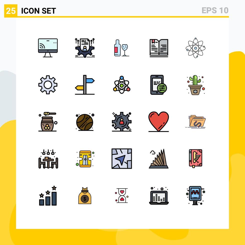 25 líneas llenas de vectores temáticos colores planos y símbolos editables de la educación atómica configuran elementos de diseño de vectores editables del amor del libro