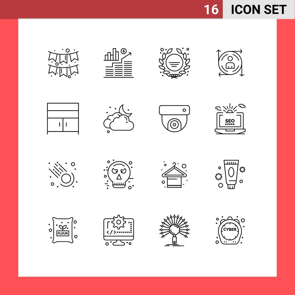 paquete de 16 signos y símbolos de contornos modernos para medios de impresión web, como elementos de diseño de vectores editables por el usuario de la flecha del premio de la ruta del armario