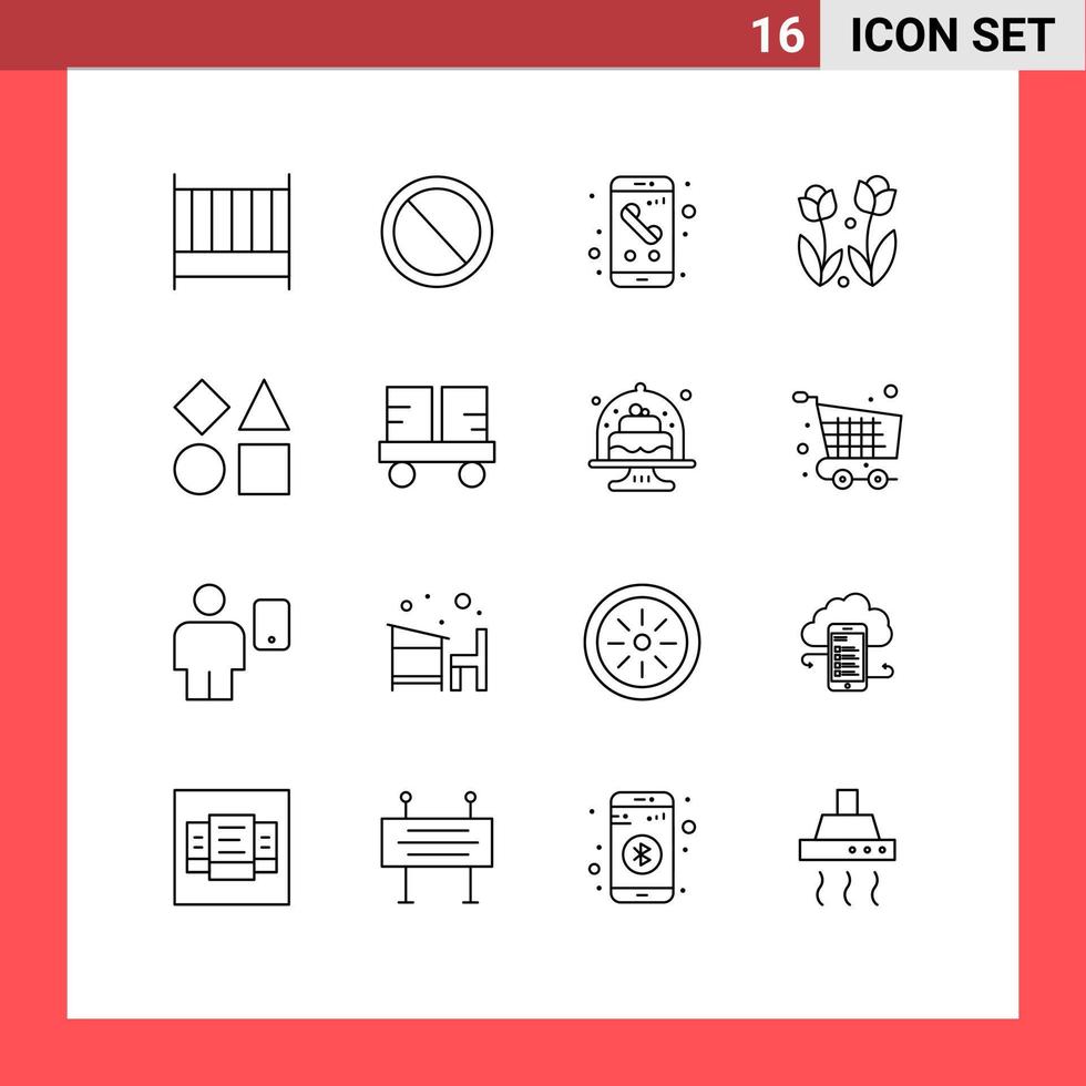 User Interface Pack of 16 Basic Outlines of spring nature app flower calling Editable Vector Design Elements